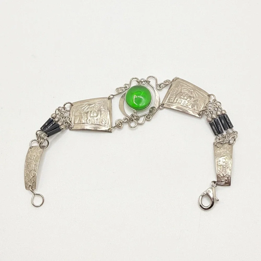 Vintage Silver Tone Bracelet w/ Green Glass Stone Southwest Llama Sun Hut Motifs